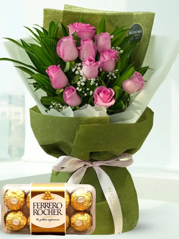  Bodrum Florists - Pink Rose Bouquet + Ferrero Rocher Chocolate